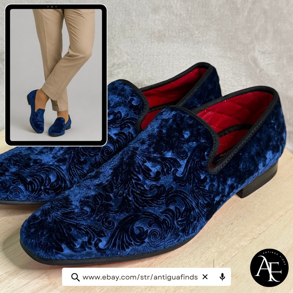 La Milano Broderick II Mens Blue Velvet Paisley Loafers Dress Shoes Size 10
